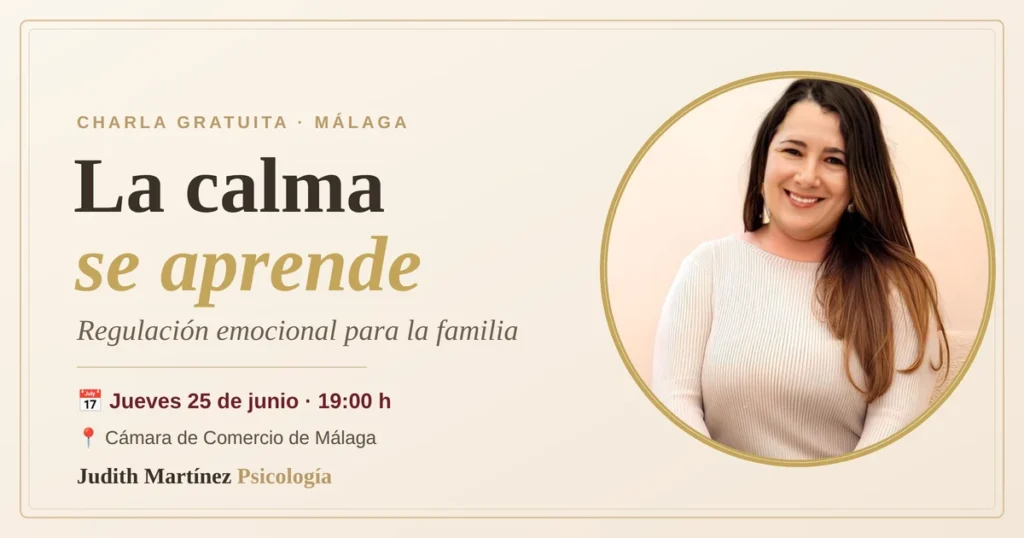 Cartel de la charla gratuita "La calma se aprende" de la psicóloga Judith Martínez, el 25 de junio en la Cámara de Comercio de Málaga
